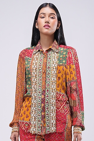 Multi-Colored Crepe Printed & Embellished Shirt by Lovetobag Apparel