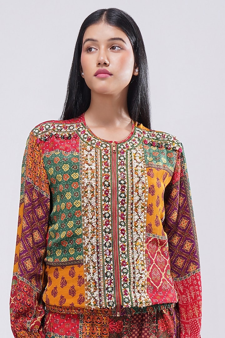 Multi-Colored Crepe Printed & Embellished Bomber Jacket by Lovetobag Apparel at Pernia's Pop Up Shop