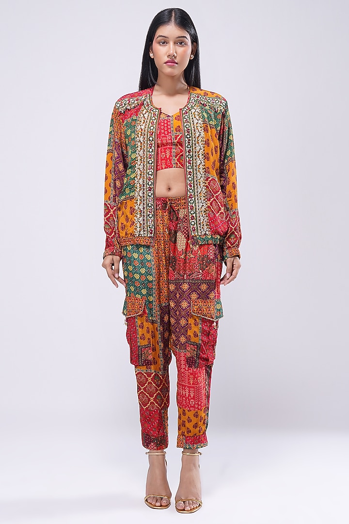 Multi-Colored Crepe Printed & Embellished Bomber Jacket by Lovetobag Apparel at Pernia's Pop Up Shop