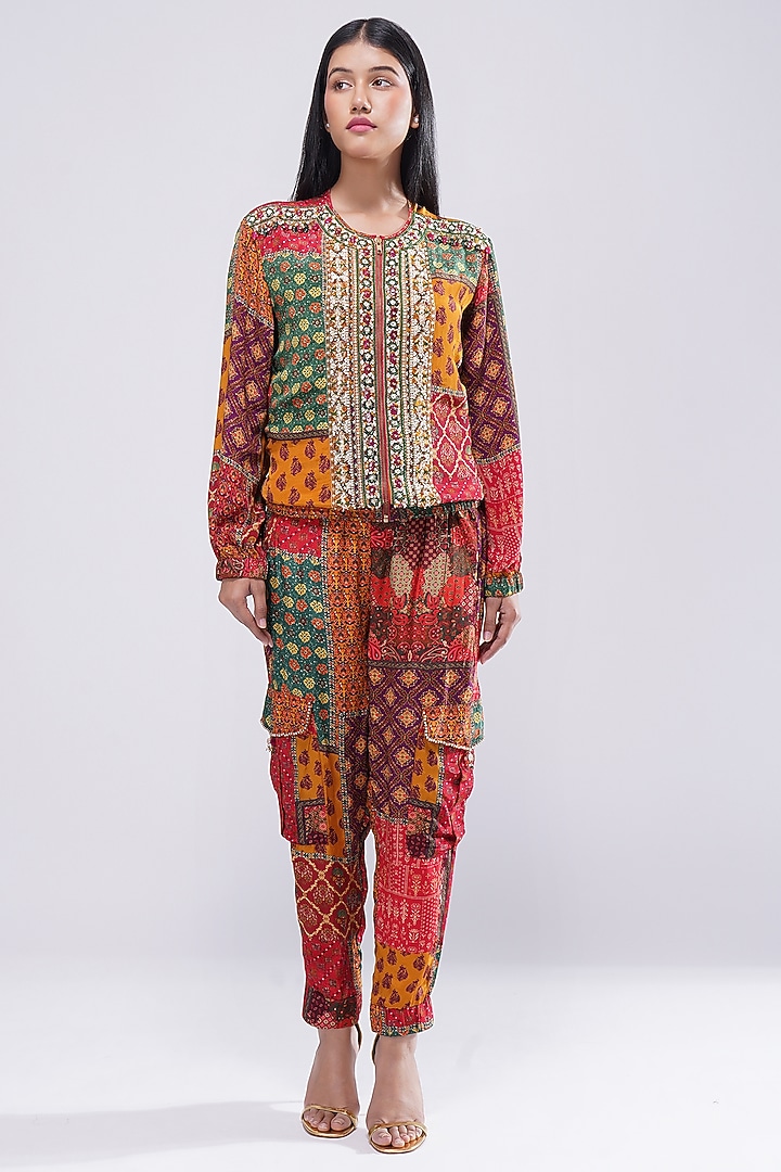 Multi-Colored Crepe Printed & Embellished Bomber Jacket by Lovetobag Apparel at Pernia's Pop Up Shop