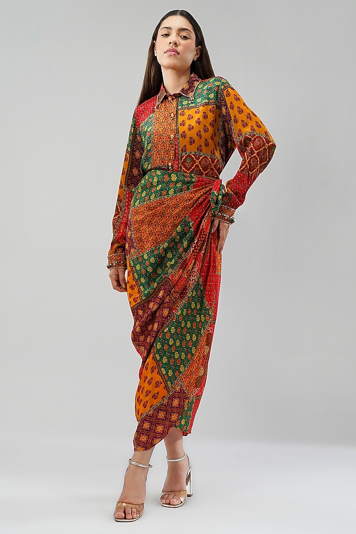 Multi-Colored Crepe Printed & Embellished Wrap Skirt by Lovetobag Apparel at Pernia's Pop Up Shop