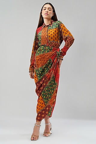 Multi-Colored Crepe Printed & Embellished Wrap Skirt by Lovetobag Apparel