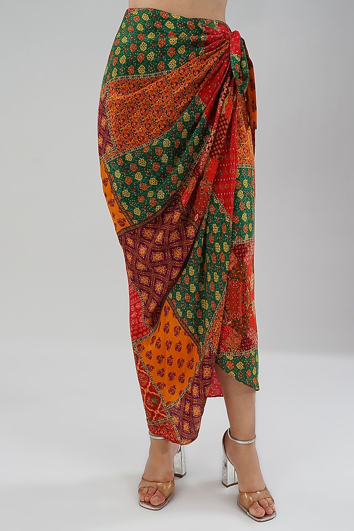 Multi-Colored Crepe Printed & Embellished Wrap Skirt by Lovetobag Apparel at Pernia's Pop Up Shop