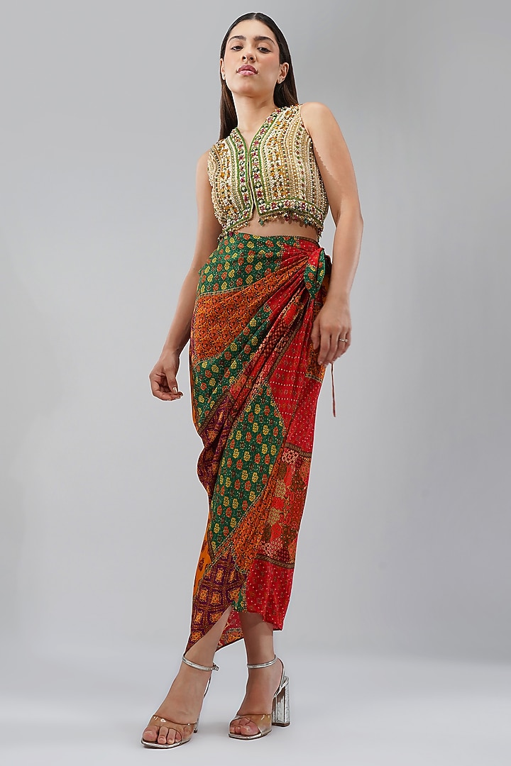 Multi-Colored Crepe Printed & Embellished Wrap Skirt by Lovetobag Apparel at Pernia's Pop Up Shop