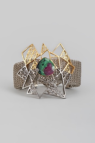 Two Tone Finish Green Synthetic Stone Bracelet by Trupti Mohta