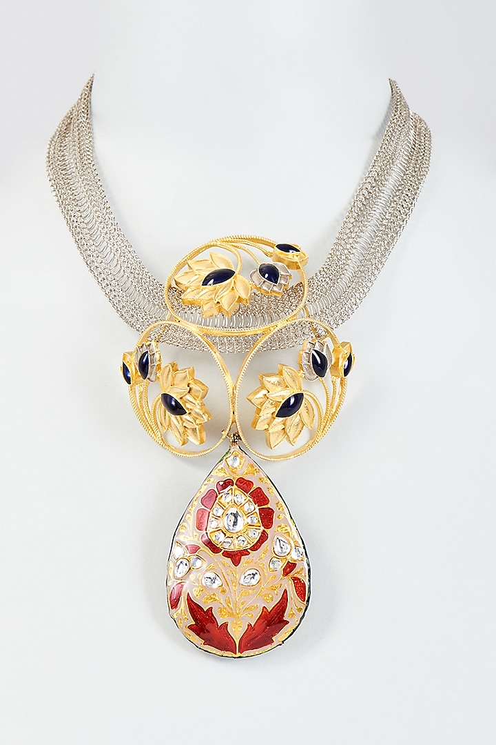 Gold Finish Enameled Lotus Necklace by Trupti Mohta