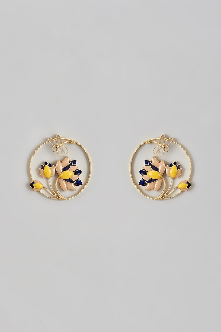 Two Tone Finish Lotus Enameled Hoop Earrings by Trupti Mohta at Pernia's Pop Up Shop