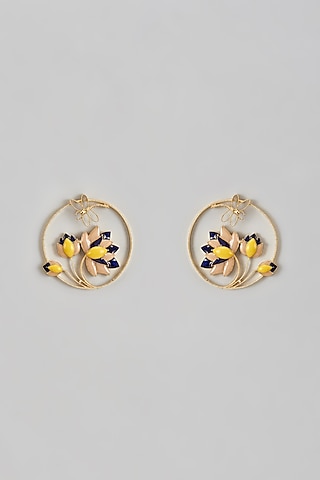 Two Tone Finish Lotus Enameled Hoop Earrings by Trupti Mohta