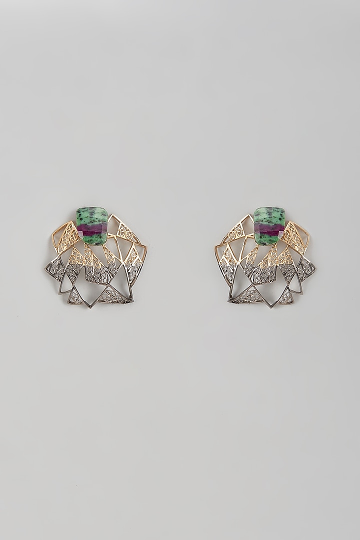 Two Tone Finish Green Stone Enameled Hoop Earrings by Trupti Mohta at Pernia's Pop Up Shop