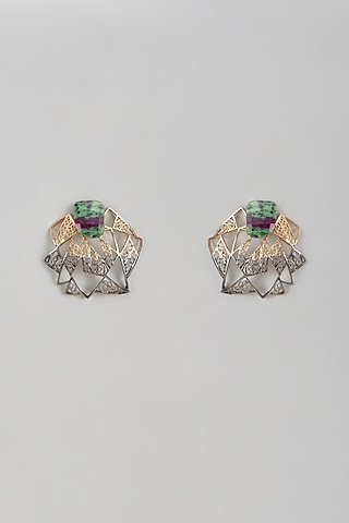 Two Tone Finish Green Stone Enameled Hoop Earrings by Trupti Mohta