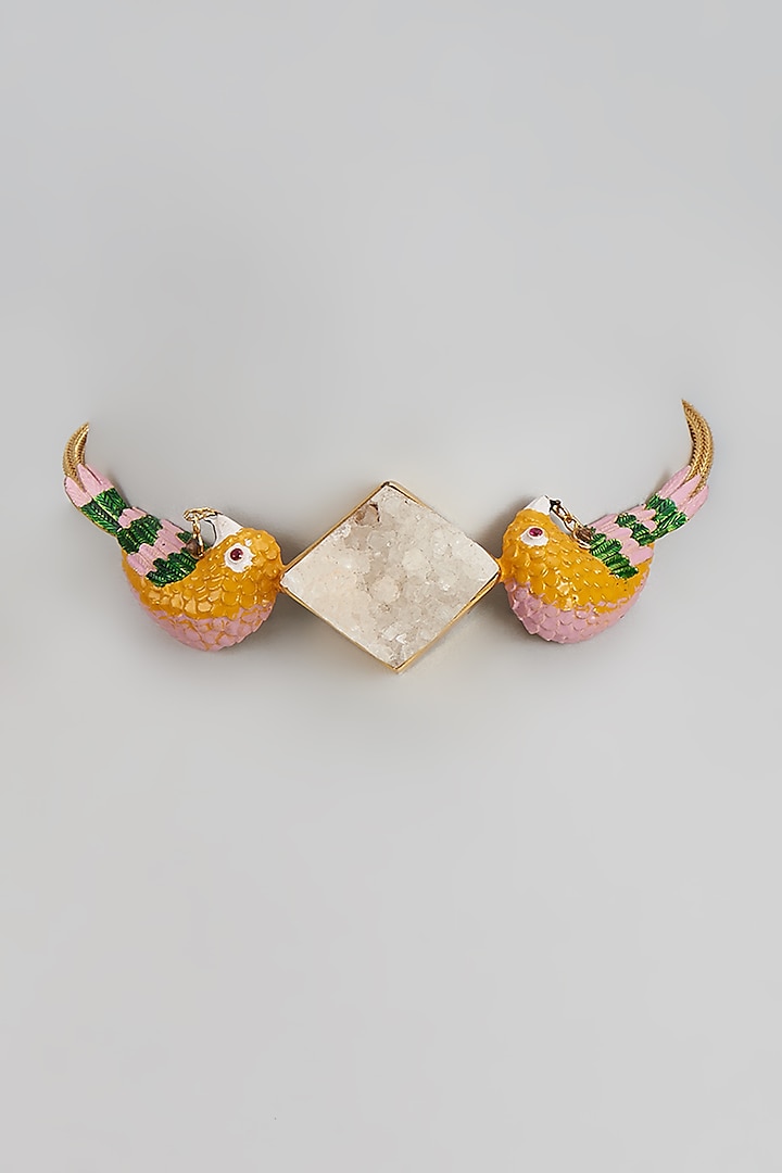 Gold Finish Enameled Pink Bird Choker Necklace by Trupti Mohta