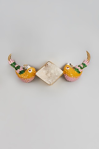 Gold Finish Enameled Pink Bird Choker Necklace by Trupti Mohta