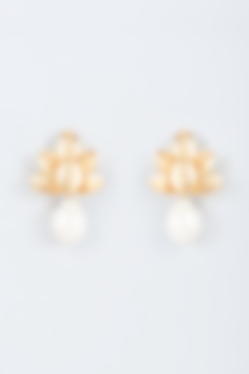 Gold Finish Pearl Leave Stud Earrings by Trupti Mohta at Pernia's Pop Up Shop