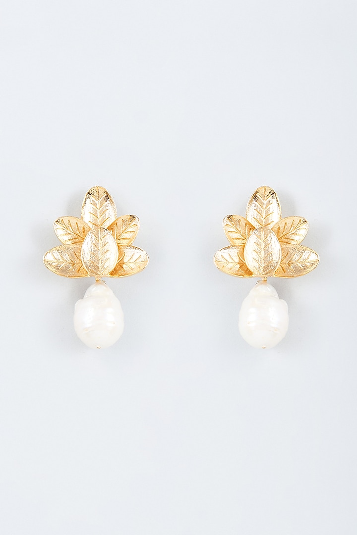 Gold Finish Pearl Leave Stud Earrings by Trupti Mohta