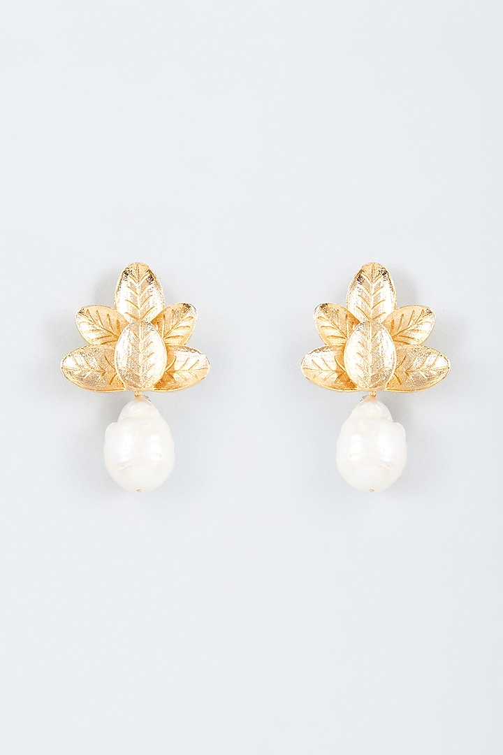 Gold Finish Pearl Leave Stud Earrings by Trupti Mohta at Pernia's Pop Up Shop