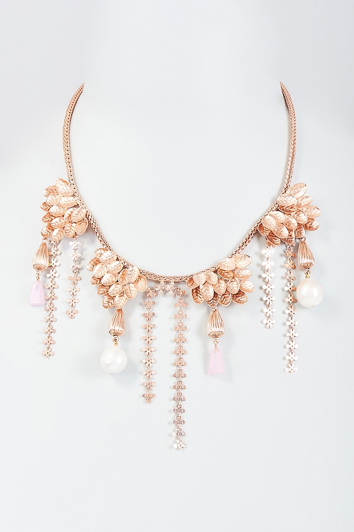 Rose Gold Finish Agate & Baroque Pearl Necklace by Trupti Mohta