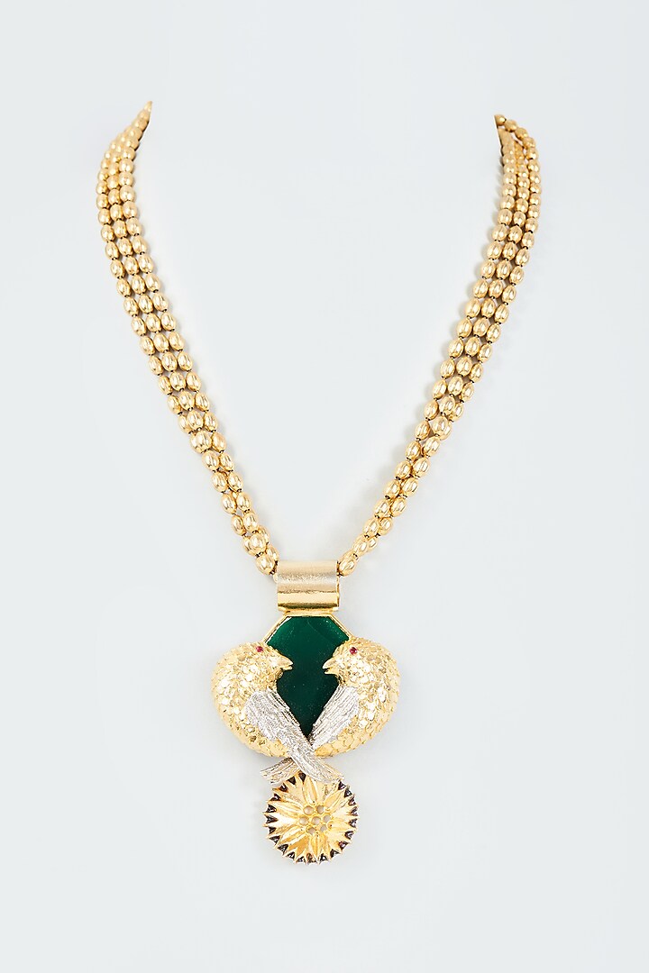 Gold Finish Zircon & Green Agate Stone Enameled Necklace by Trupti Mohta