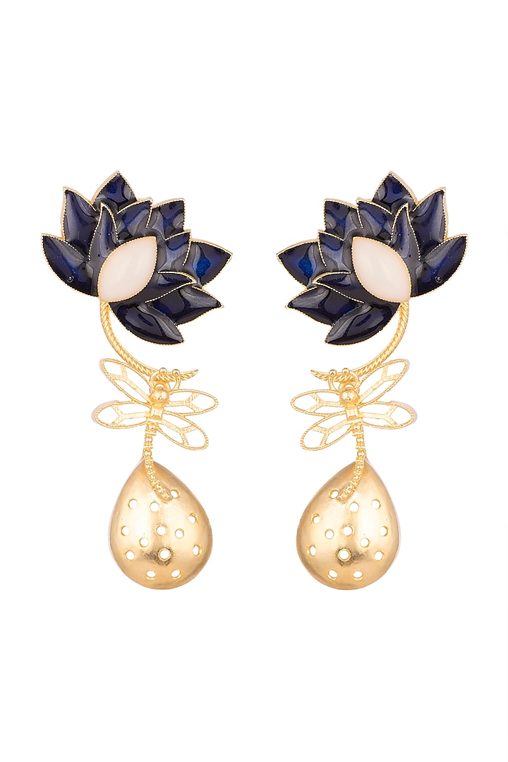 Gold Finish Enamel Lotus Drop Earrings by Trupti Mohta