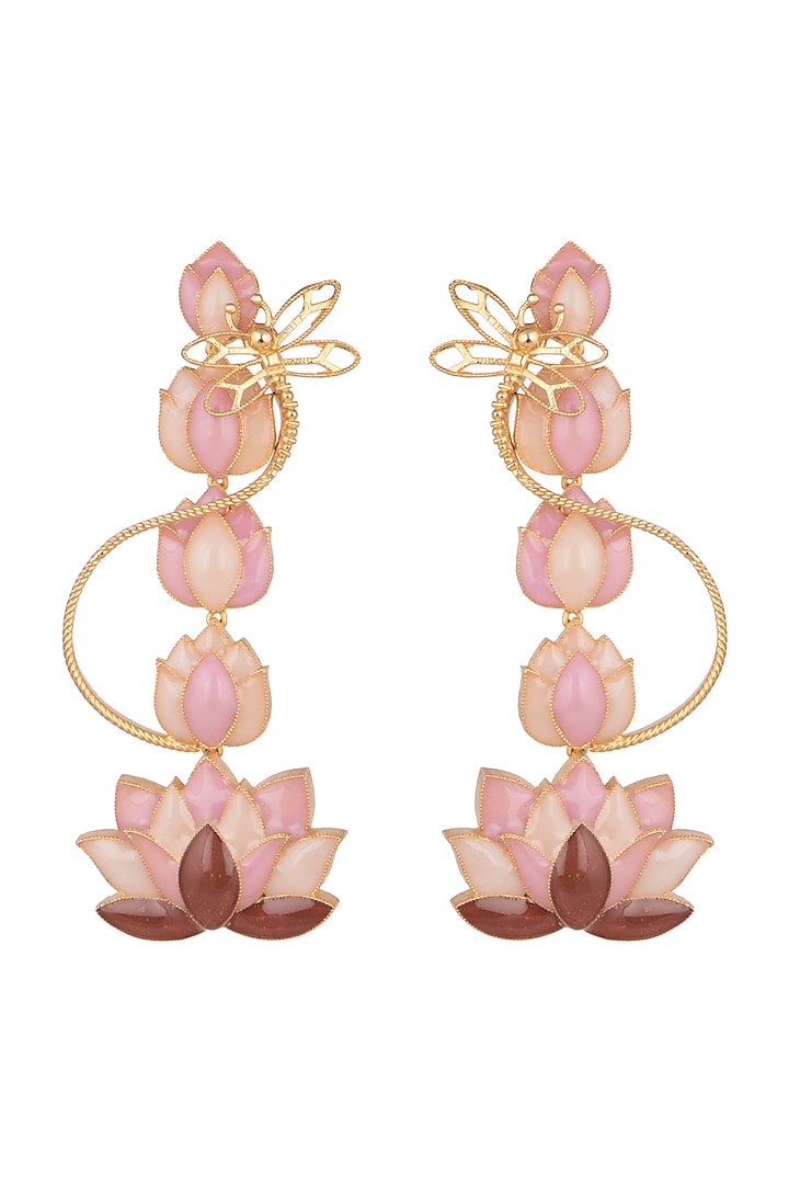 Gold Finish Lotus Long Earrings by Trupti Mohta