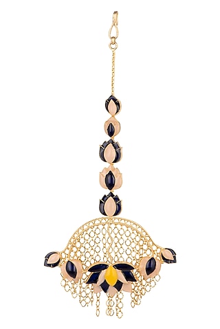Gold Finish Blue Enameled Maang Tikka by Trupti Mohta