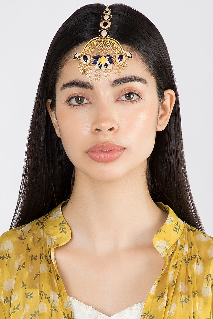 Gold Finish Blue Enameled Maang Tikka by Trupti Mohta at Pernia's Pop Up Shop