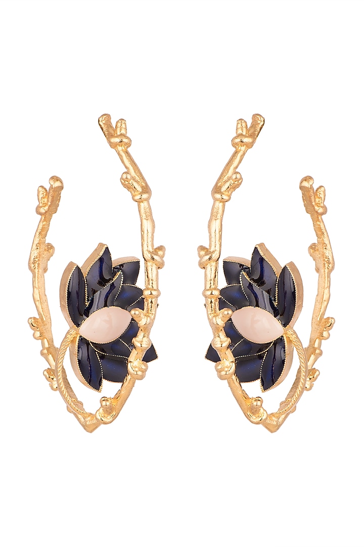 Gold Finish Enamel Lotus Hoop Earrings by Trupti Mohta at Pernia's Pop Up Shop