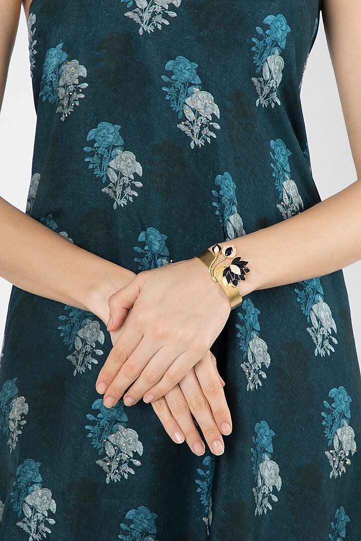 Gold Finish Blue Enamel Bracelet by Trupti Mohta at Pernia's Pop Up Shop
