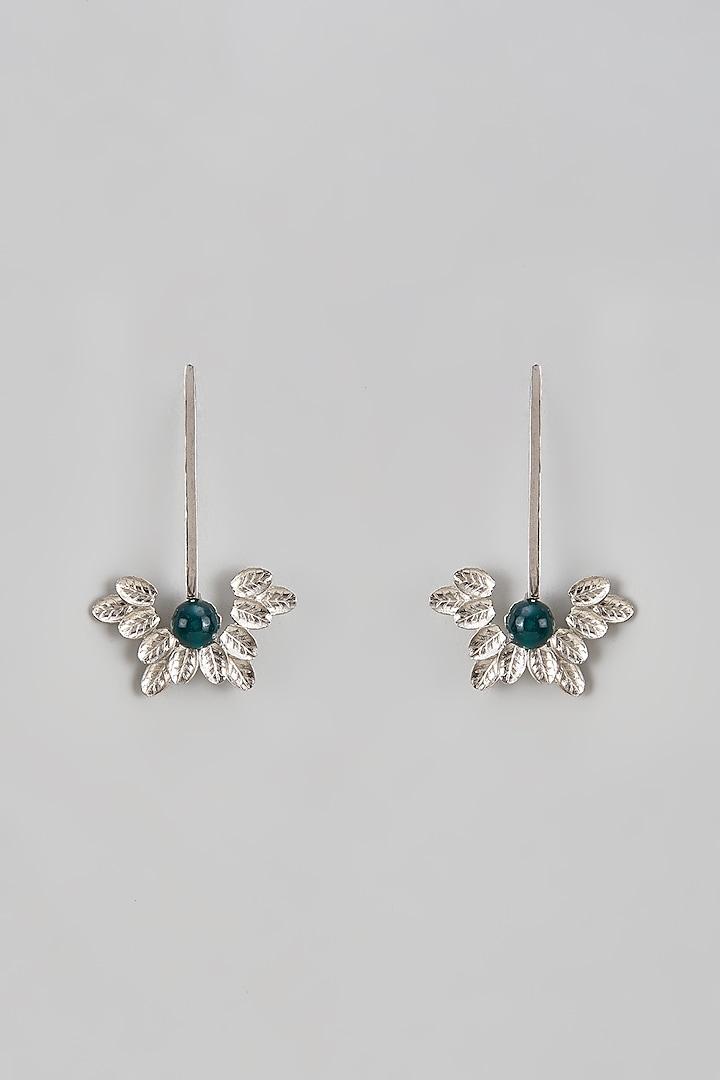 Silver Finish Turquoise Stone Enameled Leave Earrings by Trupti Mohta