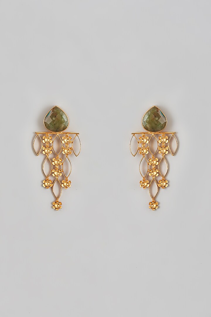 Two Tone Finish Green Stone Enameled Stud Earrings by Trupti Mohta at Pernia's Pop Up Shop