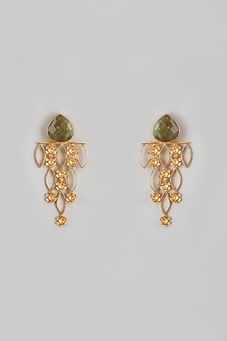 Two Tone Finish Green Stone Enameled Stud Earrings by Trupti Mohta