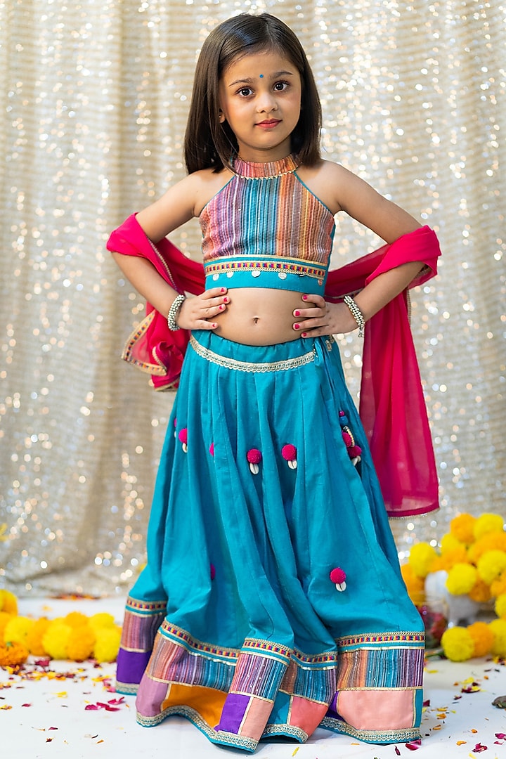 Turquoise Blue Cotton Patchwork Lehenga Set For Girls by Littleduds Baby Boutique
