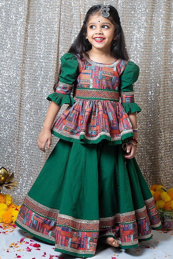 British Green Cotton & Musin Printed Lehenga Set For Girls by Littleduds Baby Boutique