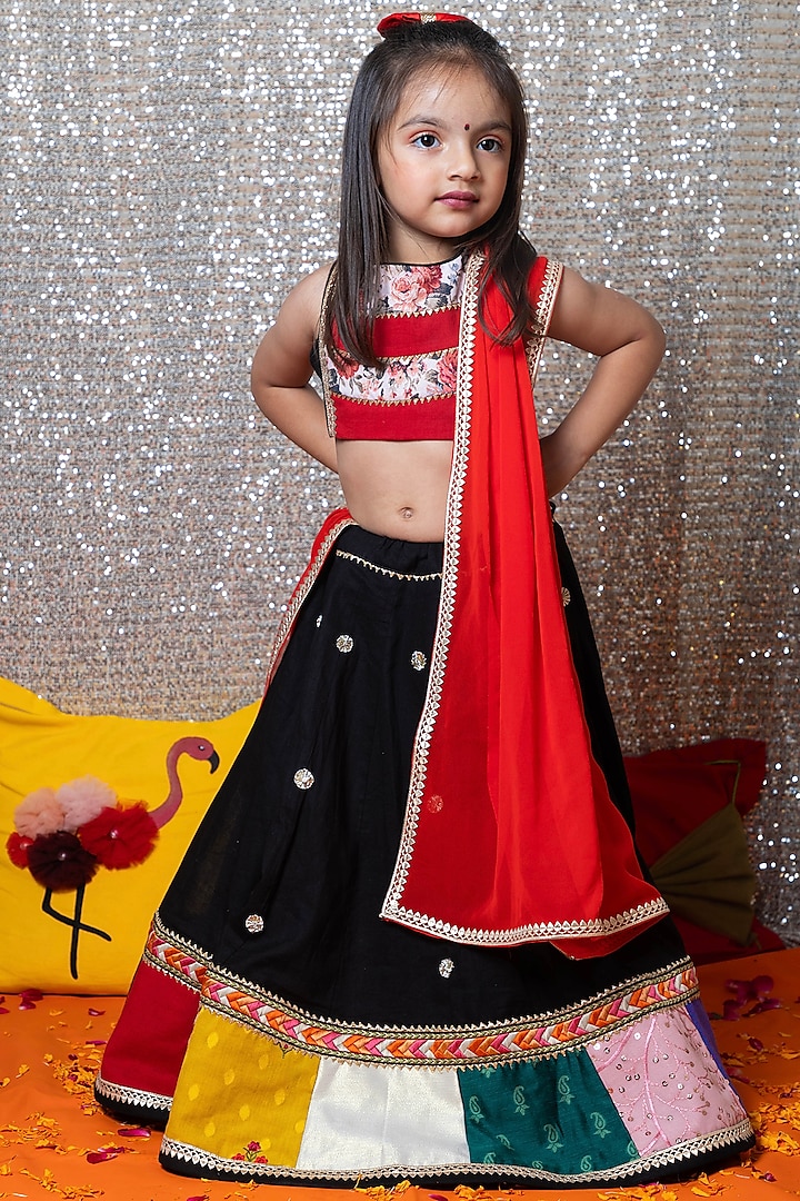 Black Cotton Patchwork Lehenga Set For Girls by Littleduds Baby Boutique