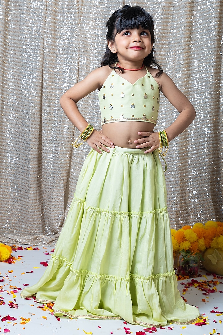 Pastel Green Muslin Layered Lehenga Set For Girls by Littleduds Baby Boutique