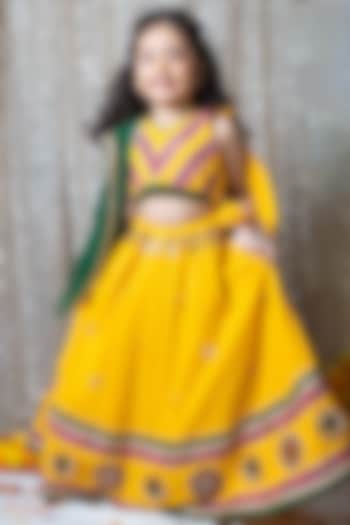 Mustard Yellow Cotton Gota Embroidered Lehenga Set For Girls by Littleduds Baby Boutique