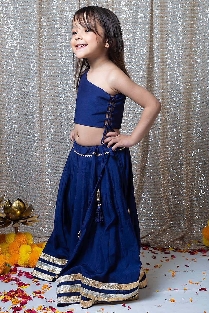 Royal Blue Muslin Lehenga Set For Girls by Littleduds Baby Boutique