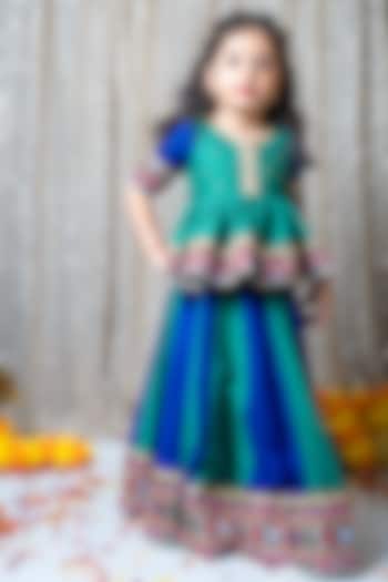 Dark Green & Royal Blue Muslin Printed Lehenga Set For Girls by Littleduds Baby Boutique
