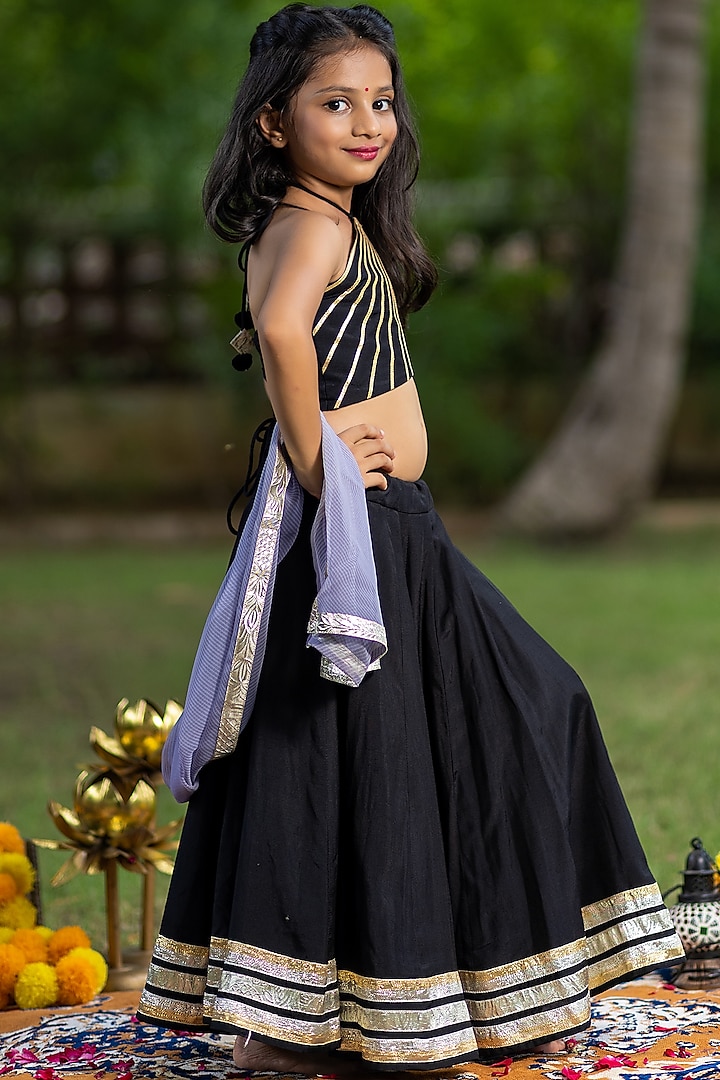 Black Muslin Lacework Lehenga Set For Girls by Littleduds Baby Boutique at Pernia's Pop Up Shop