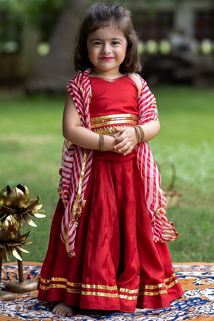 Maroon Muslin Lagdi Patta Lacework Lehenga Set For Girls by Littleduds Baby Boutique at Pernia's Pop Up Shop