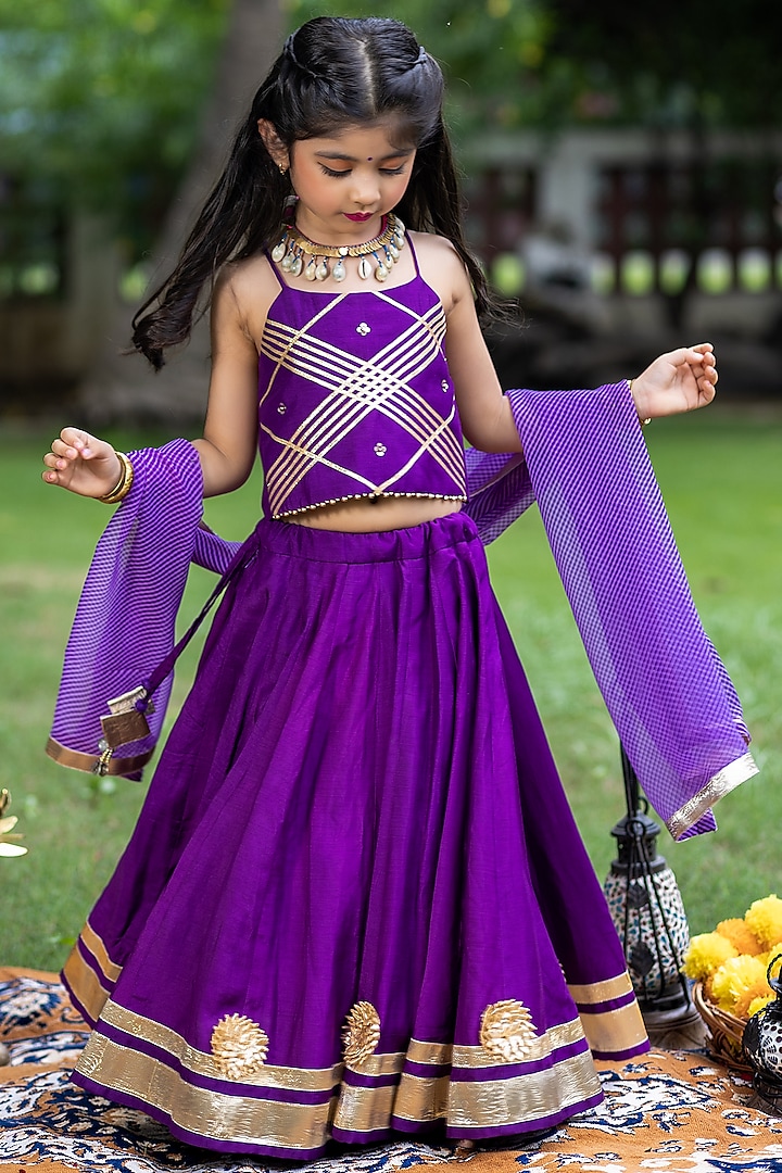 Dark Purple Muslin Gota Lacework Lehenga Set For Girls by Littleduds Baby Boutique at Pernia's Pop Up Shop