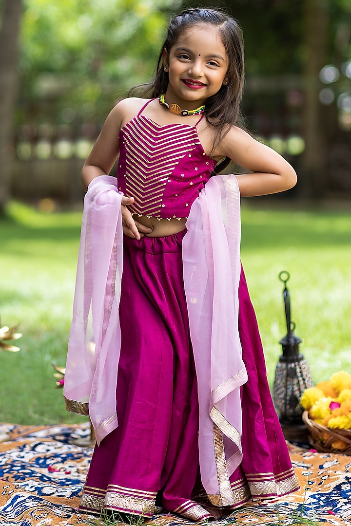 Wine Muslin Lehenga Set For Girls by Littleduds Baby Boutique at Pernia's Pop Up Shop