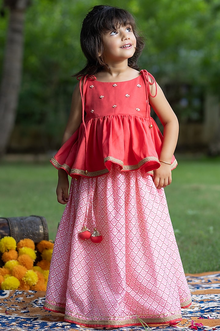 Punch Pink Muslin & Cotton Printed Lehenga Set For Girls by Littleduds Baby Boutique at Pernia's Pop Up Shop