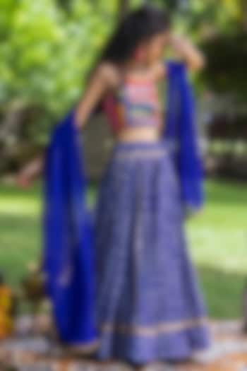 Dark Blue Muslin Bandhani Printed & Patchwork Lehenga Set For Girls by Littleduds Baby Boutique at Pernia's Pop Up Shop