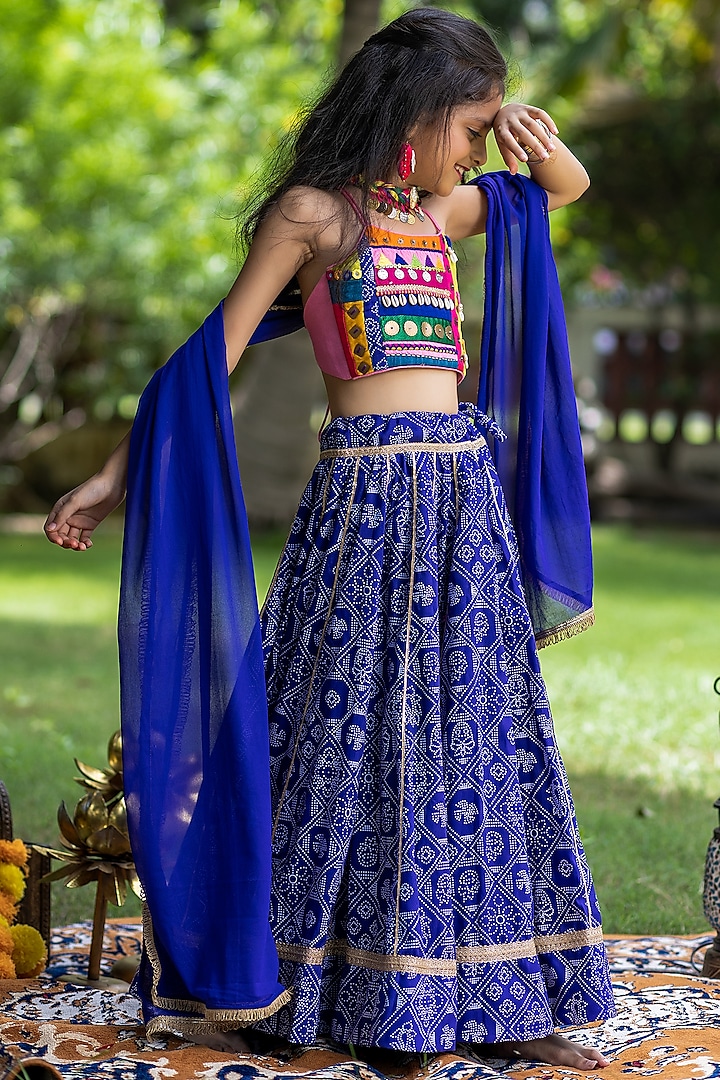 Dark Blue Muslin Bandhani Printed & Patchwork Lehenga Set For Girls by Littleduds Baby Boutique at Pernia's Pop Up Shop