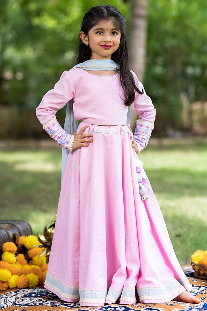 Pink Pure Cotton Hand Embroidered Lehenga Set For Girls by Littleduds Baby Boutique at Pernia's Pop Up Shop