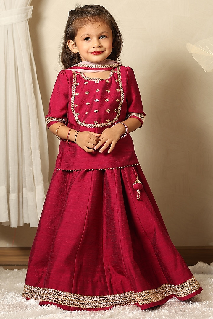 Magenta Silk Lace Hand Embroidered Lehenga Set For Girls by Littleduds Baby Boutique