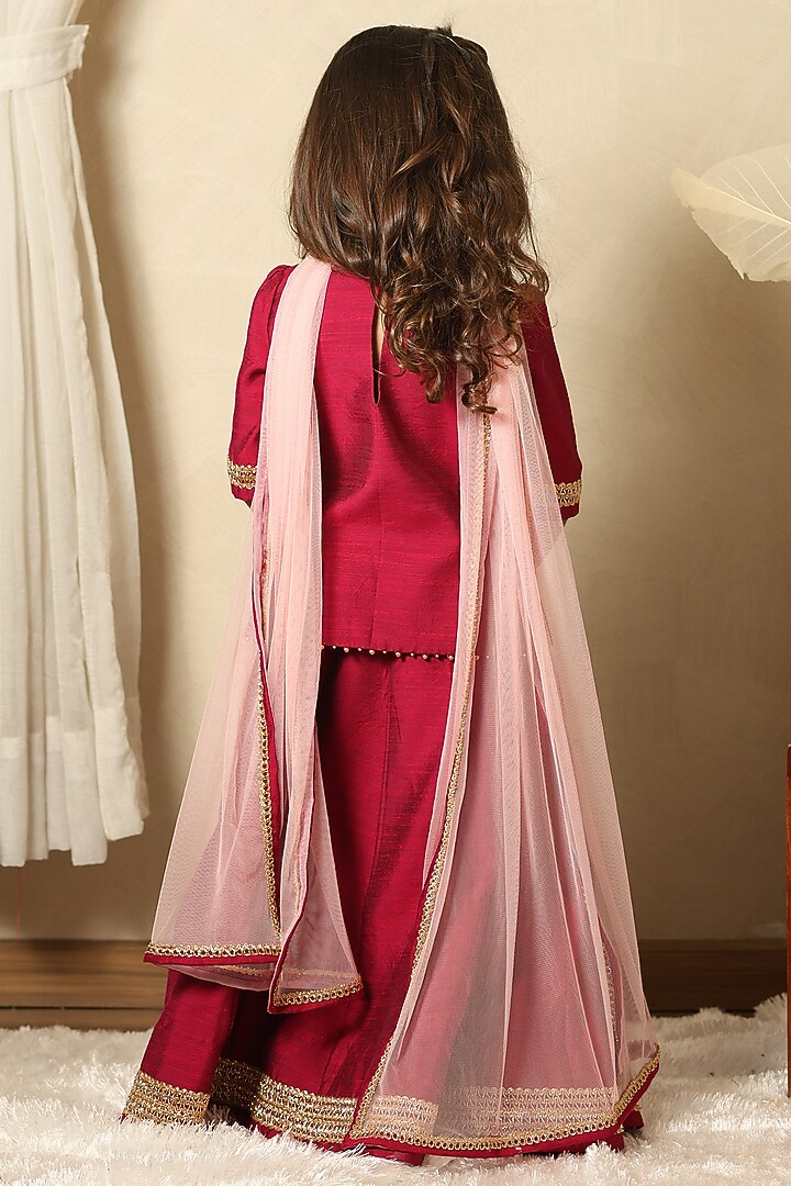 Magenta Silk Lace Hand Embroidered Lehenga Set For Girls by Littleduds Baby Boutique at Pernia's Pop Up Shop