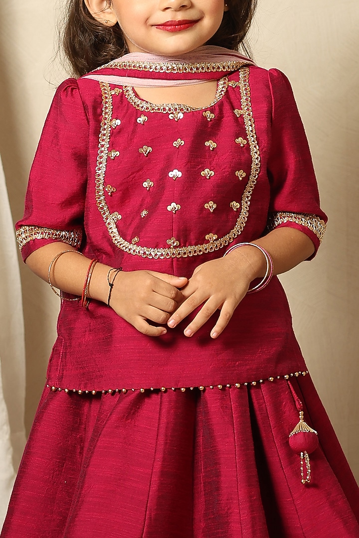 Magenta Silk Lace Hand Embroidered Lehenga Set For Girls by Littleduds Baby Boutique at Pernia's Pop Up Shop