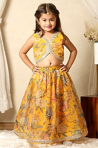 Yellow Organza Lace Embroidered Floral Skirt Set For Girls by Littleduds Baby Boutique