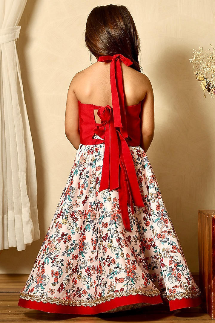 Cream Modal Satin Lace Embroidered Floral Skirt Set For Girls by Littleduds Baby Boutique at Pernia's Pop Up Shop
